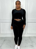 Winter Wholesale Black Velvet Round Neck Long Sleeve Crop Top And Pant Two Piece Sets