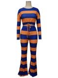 Winter Wholesale 2 Piece Outfits Stripe Bule Long Sleeve Top And Pant Two Piece Set