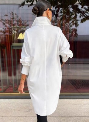 Fall Casual White Turndown Collar Long Sleeve Irregular Shirt Dress