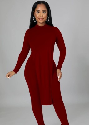 Winter Wholesale Sexy Red Irreglar Backless With Chain Long Sleeve Top And Pant Two Piece Sets