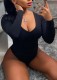 Winter Plus Size Sex Black V Neck Long Sleeve Bodysuit