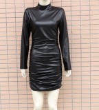 Winter Sexy Black High Neck Long Sleeve Pu Leather Bodycon Dress