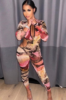 Fall Sexy Print Hollow Out Long Sleeve Jumpsuit