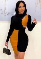 Winter Sexy Black Contrast Pu Leather Long Sleeve Bodycon Dress