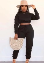 Winter Wholesale Two Piece Clothing Black Round Neck Long Sleeve Crop Top And Pant Set