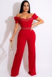 Summer Sexy Red Print Collar Off Shoulder Short Sleeve Jumpsuit