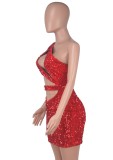 Summer Sexy Red Sequins Cut Cut One Shoulder Sleeveless Mini Dress