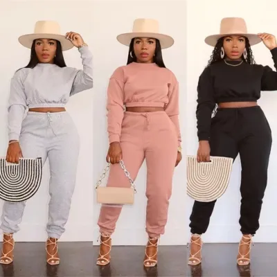 Winter Wholesale Two Piece Clothing Black Round Neck Long Sleeve Crop Top And Pant Set