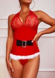 Christmas Sexy Red Lace Patch Sleeveless Lingerie Set