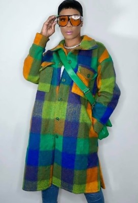 Winter Casual Green Plaid Turndown Collar Long Sleeve Long Coat