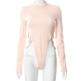 Winter Sexy Beige High Neck Long Sleeve With Chain Bodysuit