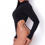 Winter Sexy Black High Neck Long Sleeve With Chain Bodysuit