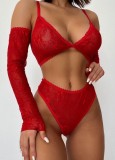 Sexy Red Lace See Through Bra And Panty With Sleeve Lingerie Set
