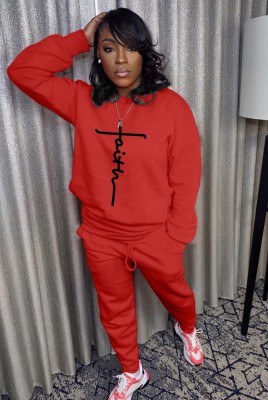 Winter Red Print Shirt and Pants Two Piece Wholesale Jogger Suit