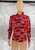 Winter Red Print Long Sleeve Casual Blouse