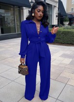 Winter Blue Button Fly Long Sleeve Belted Elegant Jumpsuit