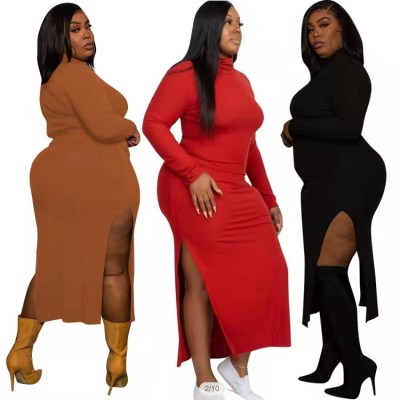 Winter Khaki Side Slit Long Plus Size Dress