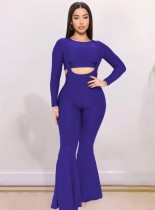 Winter Royal Blue Waffle Crop Top and Bell Bottom Suspender Pants Wholesale 2 Piece Sets