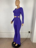 Winter Royal Blue Waffle Crop Top and Bell Bottom Suspender Pants Wholesale 2 Piece Sets