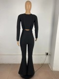 Winter Black Waffle Crop Top and Bell Bottom Suspender Pants Wholesale 2 Piece Sets