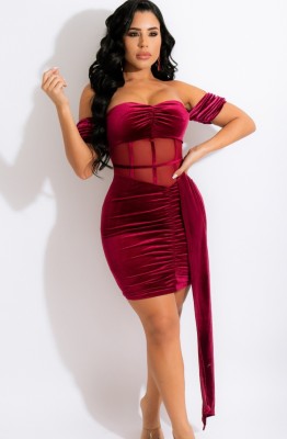 Winter Red Velvet Strapless Ruched Mini Club Dress