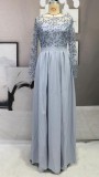 Winter Grey Sequined Long Sleeves Side Slit Pleated Long Evening Dress