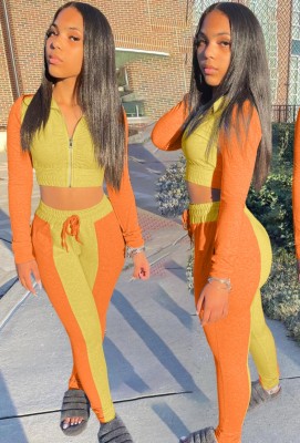 Autumn Color Block Crop Top and Pants Two Piece Tracksuit Vendors