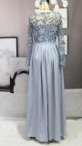 Winter Grey Sequined Long Sleeves Side Slit Pleated Long Evening Dress