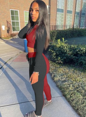 Autumn Color Block Crop Top and Pants Two Piece Tracksuit Vendors