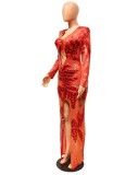 Winter Sexy Red Sequins Keyhole Hollow Out Long Sleeve Split Eveing Dress