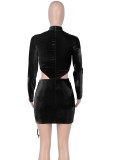 Winter Sexy Black Velvet Round Neck Long Sleeve Cutout Ruched Bodycon Dress