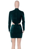 Winter Sexy Green Velvet Round Neck Long Sleeve Cutout Ruched Bodycon Dress