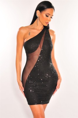 Spring Sexy Black Sequins Mesh Patch See Through one Shoulder Mini Party Dress