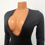 Winter Sexy Black Plunge Neck Long Sleeve Bodysuit and Ruched Mesh Pants Set Wholesale Two Piece Clothing