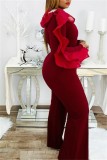 Winter Elegant Plus Size Red V-neck Ruffled Long Sleeve Loose Formal Jumpsuit