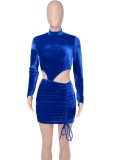 Winter Sexy Blue Velvet Round Neck Long Sleeve Cutout Ruched Bodycon Dress