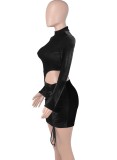 Winter Sexy Black Velvet Round Neck Long Sleeve Cutout Ruched Bodycon Dress