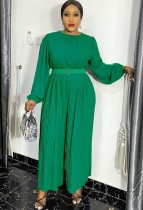 Spring Elegant Green Round Neck Long Sleeve Pleated Loose Jumpsuit with Belt