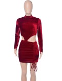 Winter Sexy Red Velvet Round Neck Long Sleeve Cutout Ruched Bodycon Dress