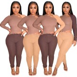Fall Sexy Brown Three Color Patch Cutout Long Sleeve Slim Jumpsuit