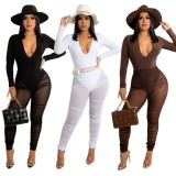 Winter Sexy Brown Plunge Neck Long Sleeve Bodysuit and Ruched Mesh Pants Set Wholesale Two Piece Clothing