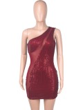 Spring Sexy Wine Red Sequins Mesh Patch See Through one Shoulder Mini Party Dress