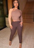 Fall Sexy Brown Three Color Patch Cutout Long Sleeve Slim Jumpsuit