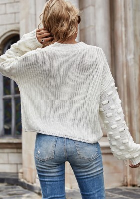Winter Casual Solid White Round Neck Loose Long Sleeve Pullover Sweater