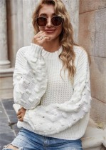 Winter Casual Solid White Round Neck Loose Long Sleeve Pullover Sweater