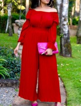Spring Elegant Red Chiffon Off Shoulder Puff Sleeve Pleated Loose Jumpsuit