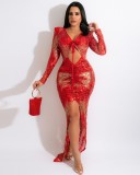 Winter Sexy Red Sequins Keyhole Hollow Out Long Sleeve Split Eveing Dress