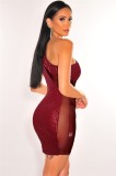 Spring Sexy Wine Red Sequins Mesh Patch See Through one Shoulder Mini Party Dress