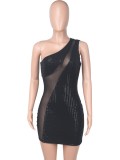 Spring Sexy Black Sequins Mesh Patch See Through one Shoulder Mini Party Dress