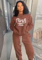 Winte Plus Size Letter Printed Brown Round Neck Long Sleeve Loose Sweatsuits Wholesale Sportswear
